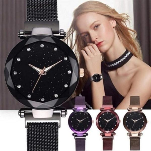 Premium Women’s Analogue Watch Combo – Black Diamond Dial with Purple & Rosegold Magnetic Strap (Pack of 2)