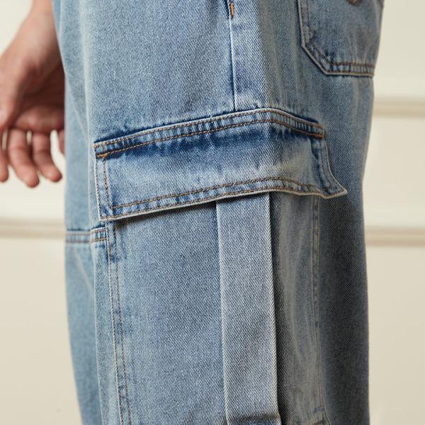 Men’s Casual Loose Fit Blue Denim Cargo Pants – Pure Cotton, Mid-Rise, Clean Look