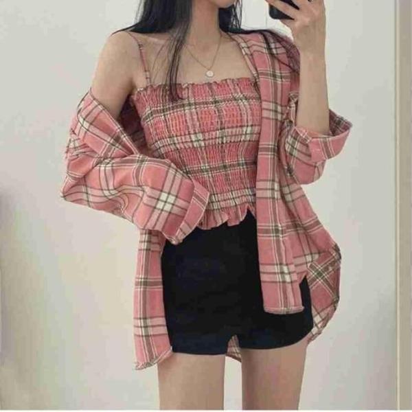 Women’s Black & White Plaid Crop Top with Long Sleeves – Stylish Shirt & Tube Top Combo