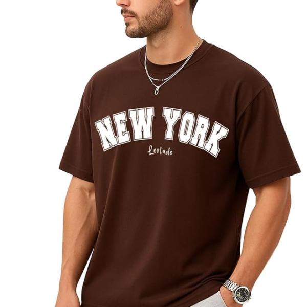 LEOTUDE Casual Half Sleeve Cottonblend Printed Round Neck Drop Shoulder Oversized Tshirt for Man (Color Brown)