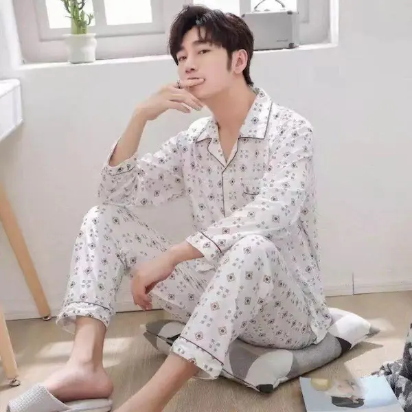 Men’s Light Grey Printed Cotton Night Suit Set – Shirt & Pyjama | Stylish Sleepwear & Loungewear