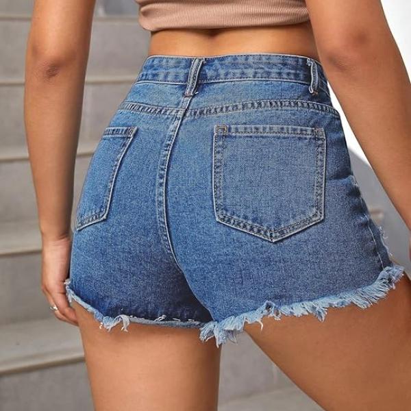 Women’s Solid High-Waist Ripped Denim Shorts – Raw Hem, Summer Casual Wear
