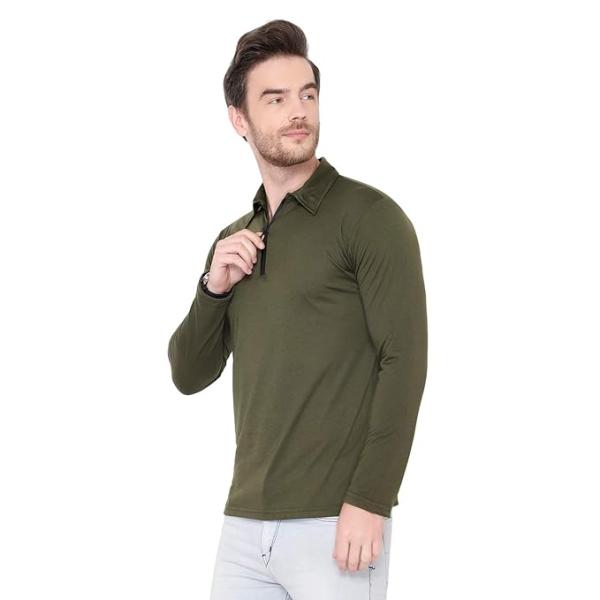 Men’s Cotton Blend Full Sleeve Polo Collar T-Shirt with Zip Neck – Dark Green & Olive