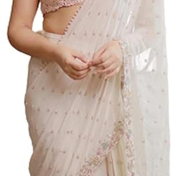 White Faux Georgette Saree with Multi-Thread Sequins Embroidery & Real Mirror Work | Bollywood Style Saree for Women