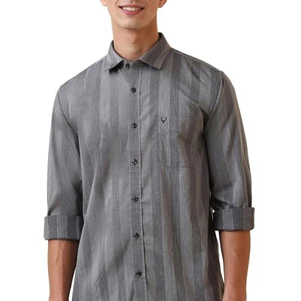 Men’s Grey Stripe Comfort Oversized Casual Shirt – Spread Collar, Full Sleeve
