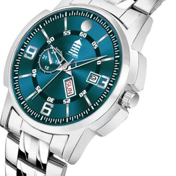 Light House Men’s Premium Analog Watch with Green Dial & Stainless Steel Chain | Day & Date Function | Stylish Wristwatch for Men & Boys
