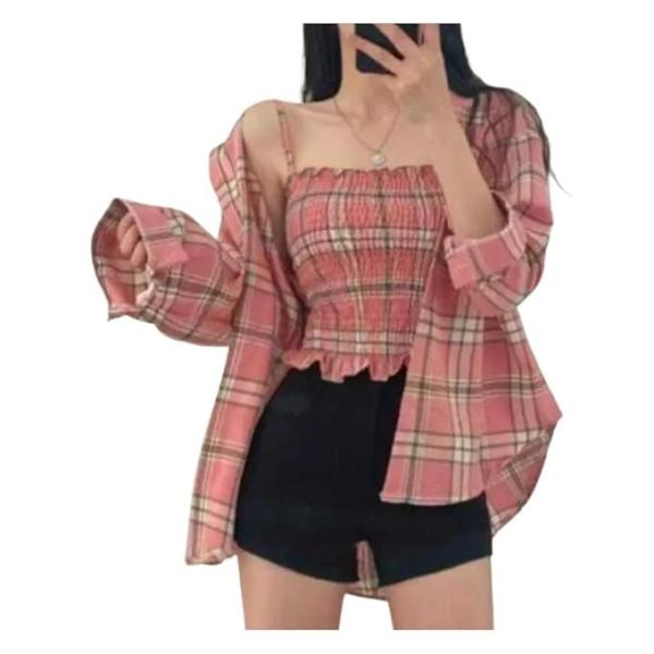 Women’s Black & White Plaid Crop Top with Long Sleeves – Stylish Shirt & Tube Top Combo