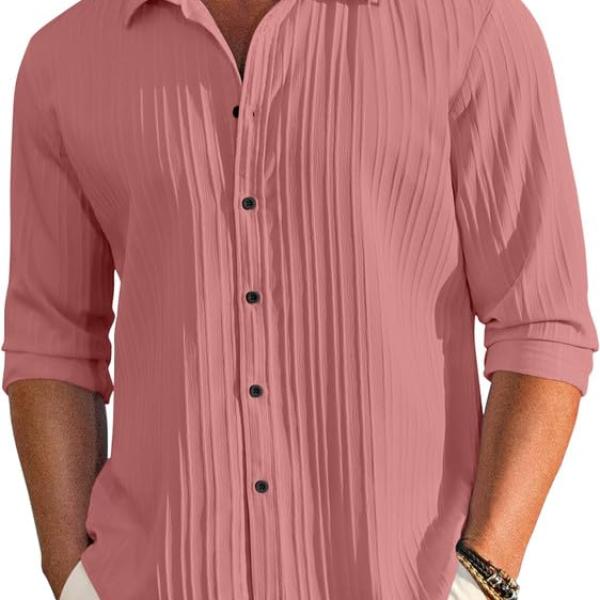 FINIVO FASHION Mens Casual Cotton Plain Button Down Shirt Long Sleeve Textured Summer Beach Shirt for Men