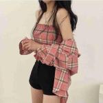 Women’s Black & White Plaid Crop Top with Long Sleeves – Stylish Shirt & Tube Top Combo