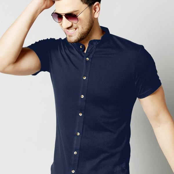 Men’s Blue Solid Cotton Blend Half Sleeve Shirt – Mandarin Collar | Regular Fit | Frost Clothing