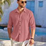 FINIVO FASHION Mens Casual Cotton Plain Button Down Shirt Long Sleeve Textured Summer Beach Shirt for Men