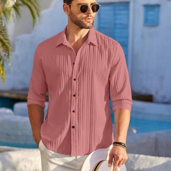 FINIVO FASHION Mens Casual Cotton Plain Button Down Shirt Long Sleeve Textured Summer Beach Shirt for Men
