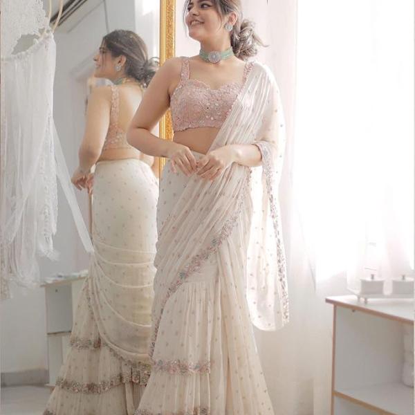 White Faux Georgette Saree with Multi-Thread Sequins Embroidery & Real Mirror Work | Bollywood Style Saree for Women