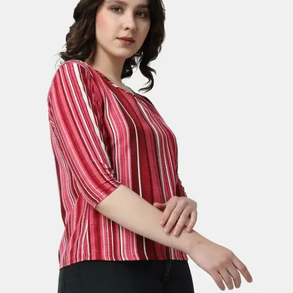 Friendswells Casual Women’s Pink Striped Printed Top | 3/4th Sleeves | Stylish Round Neck Top | Latest Trendy Tops for Women
