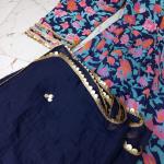 Women's Blue Rayon Printed Long Gown Kurti Set with Pant & Dupatta