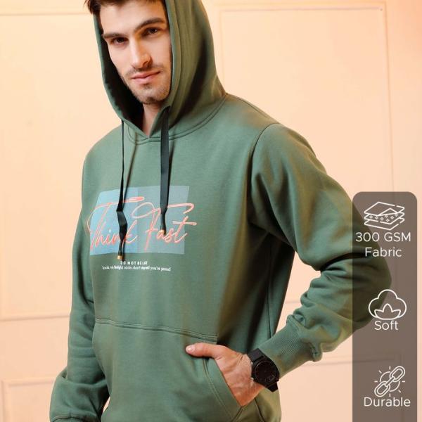 Olive Green Printed Cotton Fleece Hoodie for Men – Winter Wear Regular Fit