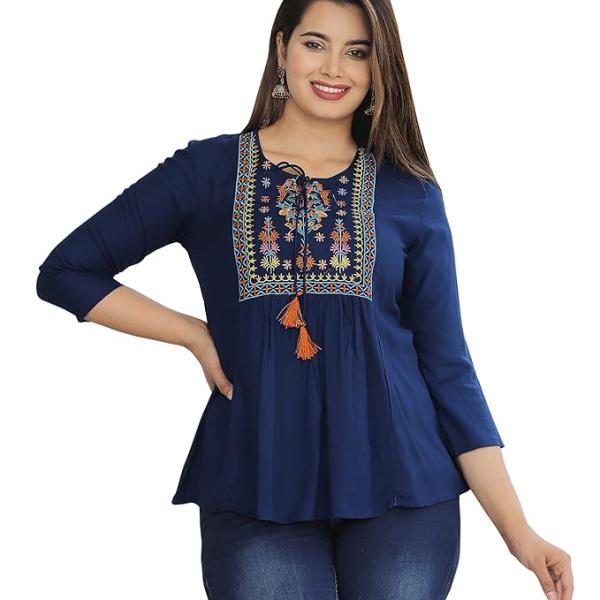 Women’s Blue Embroidered Cotton Long Top – Sanganeri Print, 3/4 Sleeves