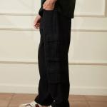 FriendsWells Black Casual Loose Fit Pure Cotton Denim Cargo Pants – Utility Style Mid-Rise Clean Look