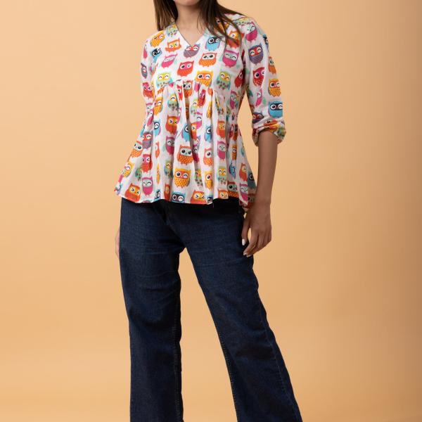 White Owl Printed 100% Cotton Summer Short Kurti for Jeans – Trendy Casual Wear for Women
