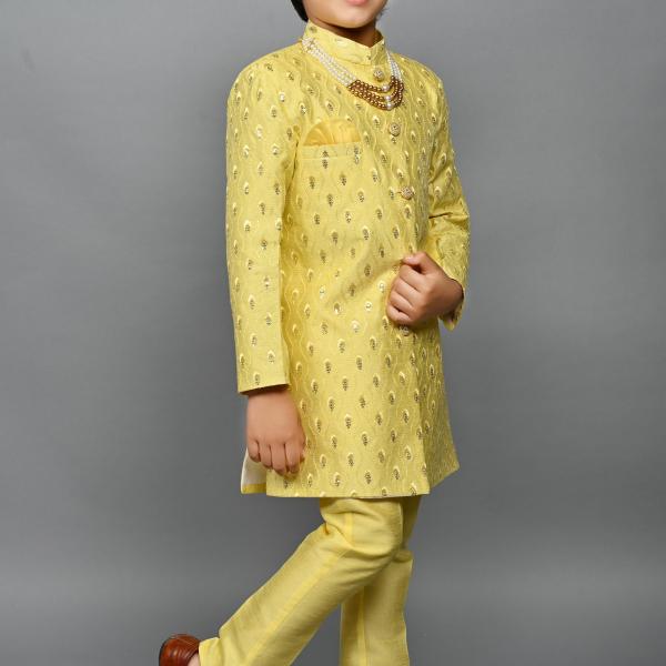 Boys Silk Blend Indo-Western Sherwani Set with Sequin Print & Embellished Detailing