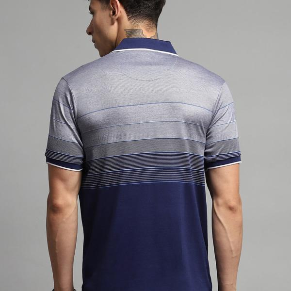 Men’s Navy Blue Mercerized Cotton Stripe Collar Half Sleeve T-Shirt – Regular Fit