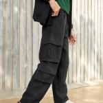 FriendsWells Black Casual Loose Fit Pure Cotton Denim Cargo Pants – Utility Style Mid-Rise Clean Look