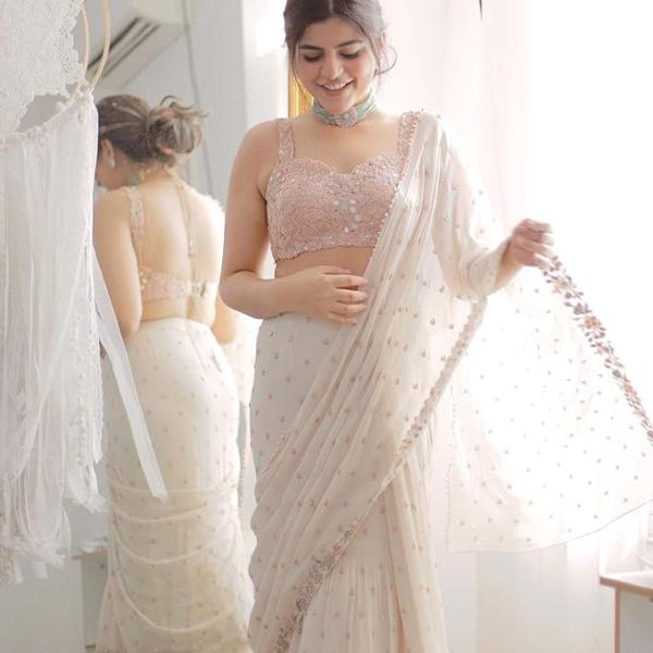 White Faux Georgette Saree with Multi-Thread Sequins Embroidery & Real Mirror Work | Bollywood Style Saree for Women