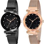 Premium Women’s Analogue Watch Combo – Black Diamond Dial with Purple & Rosegold Magnetic Strap (Pack of 2)