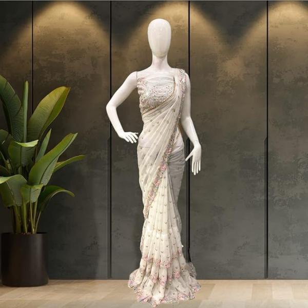 White Faux Georgette Saree with Multi-Thread Sequins Embroidery & Real Mirror Work | Bollywood Style Saree for Women