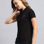 Women’s Black Solid Polo Collar Half Sleeve Smart Fit T-Shirt
