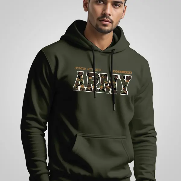 S to XXL Premium Army Printed Cotton Hoodie for Men – Branded, All-Season Wear (Olive)