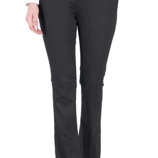 Women’s Black Formal Office Pants – Solid Cotton Blend, Button & Zip Closure