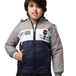 Boys Stylish Full Sleeve Winter Hoodie Jacket – Warm Pullover with Cap (Grey–Navy Blue)