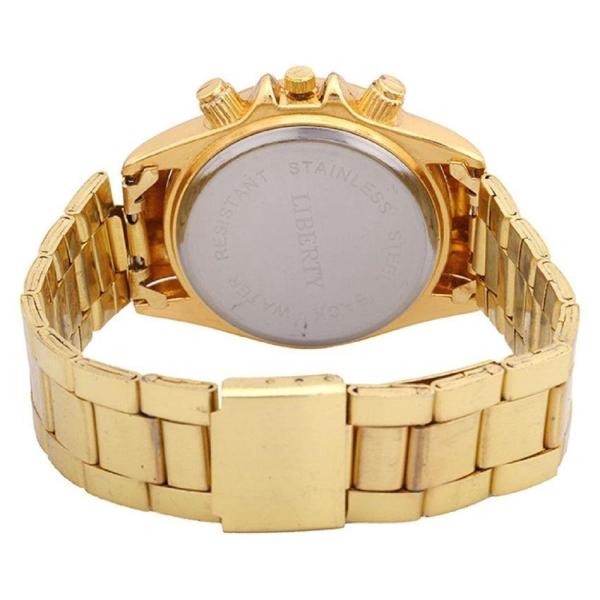 FriendsWells Luxury Gold Round Dial Diamond-Studded Analog Watch for Men | Premium Stainless Steel Strap | Royal Party Wear Wristwatch