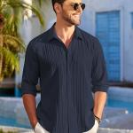 DEELMO Men's Casual Button Down Shirts Long Sleeve Linen Shirt Fashion Textured Beach Summer Shirt