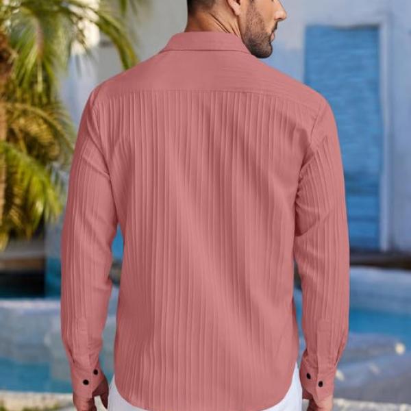 FINIVO FASHION Mens Casual Cotton Plain Button Down Shirt Long Sleeve Textured Summer Beach Shirt for Men