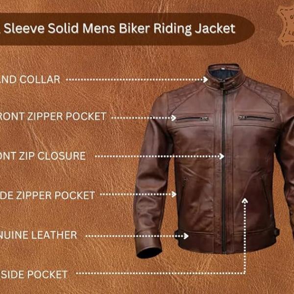 Men’s Premium Genuine Leather Biker Jacket – Distressed Vintage Look, Stand Collar, Full Sleeves, Multi-Pocket Design