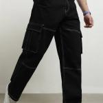 Men’s Lightly Washed Relaxed Fit Cargo Jeans – Mid-Rise, Full-Length Utility Denim (Black)