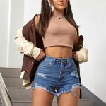 Women’s Solid High-Waist Ripped Denim Shorts – Raw Hem, Summer Casual Wear