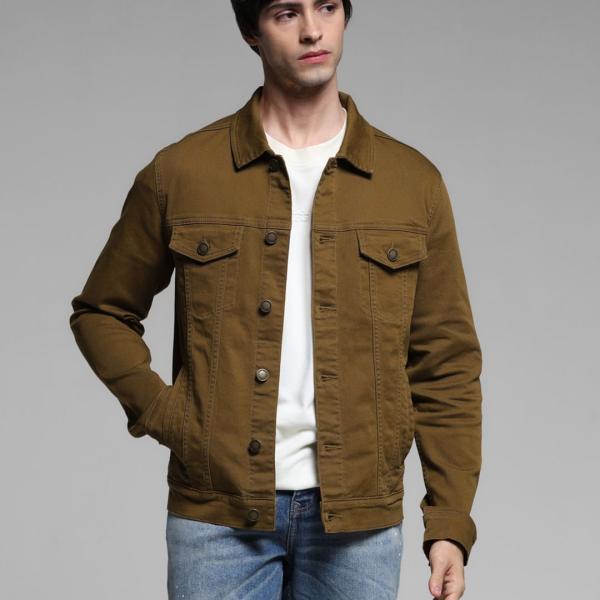Men’s Premium Brown Cotton Denim Jacket – Full Sleeves, Button Closure, Regular Fit