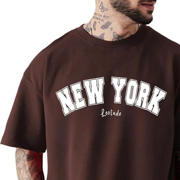 LEOTUDE Casual Half Sleeve Cottonblend Printed Round Neck Drop Shoulder Oversized Tshirt for Man (Color Brown)