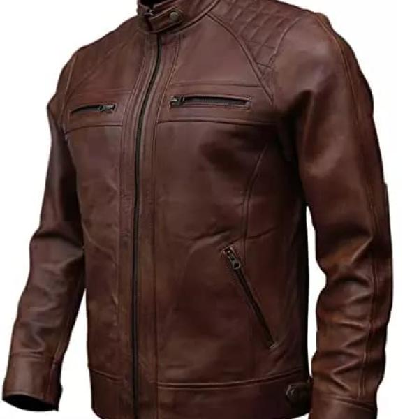 Men’s Premium Genuine Leather Biker Jacket – Distressed Vintage Look, Stand Collar, Full Sleeves, Multi-Pocket Design