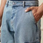 Men’s Casual Loose Fit Blue Denim Cargo Pants – Pure Cotton, Mid-Rise, Clean Look